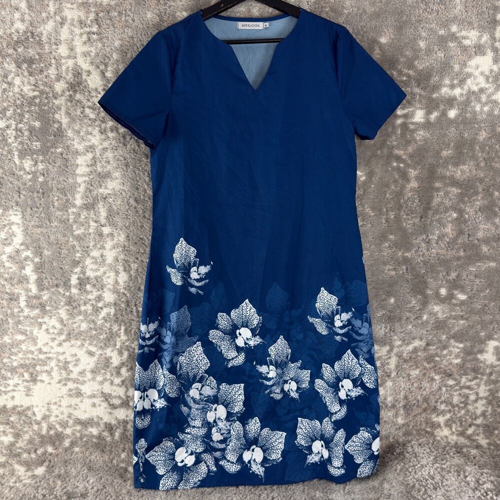 Misslook Size M V Neck Floral Knee Length Shirt Dress Blue Short Sleeve Pullover